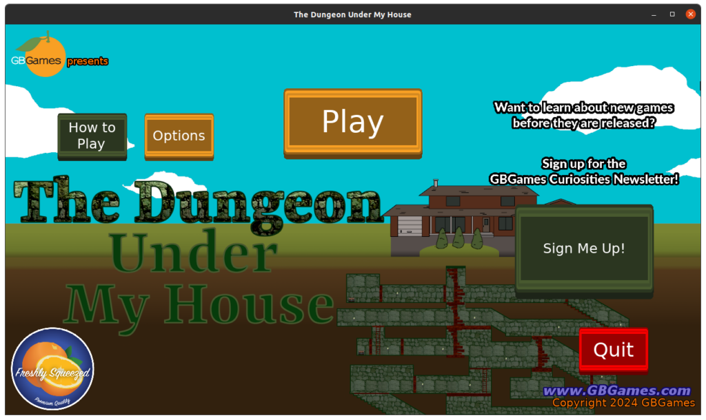 The Dungeon Under My House - title screen with new buttons