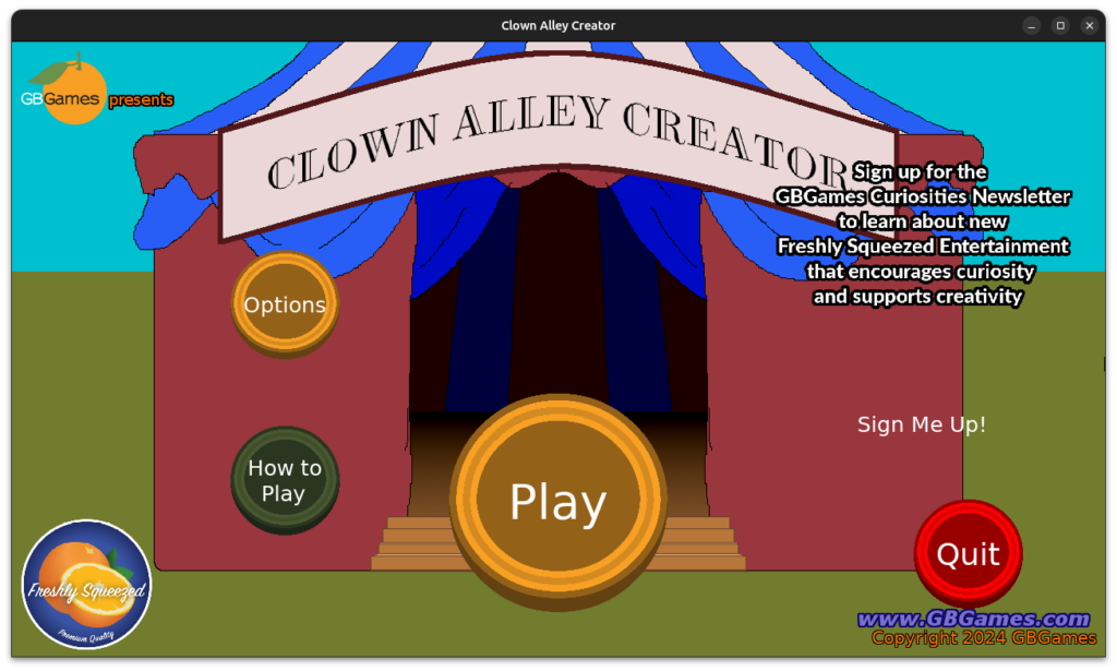 Clown Alley Creator main menu with background image