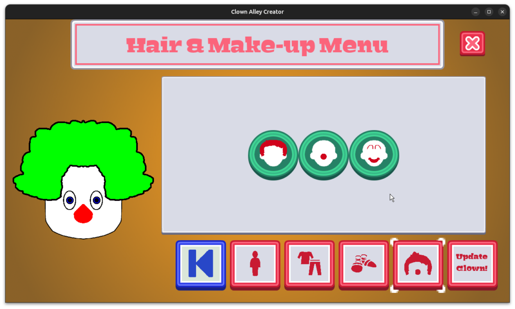 Clown Alley Creator - Hair & Make-up menu with Hair, Nose, and Make-up buttons