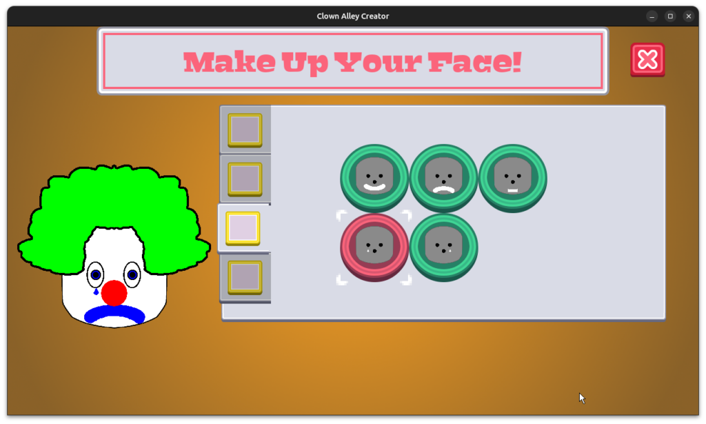 Clown Alley Creator - make-up submenu with two layers of menus